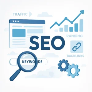 SEO service illustration showing website optimization, keyword research, backlink building, and ranking improvement for increased traffic